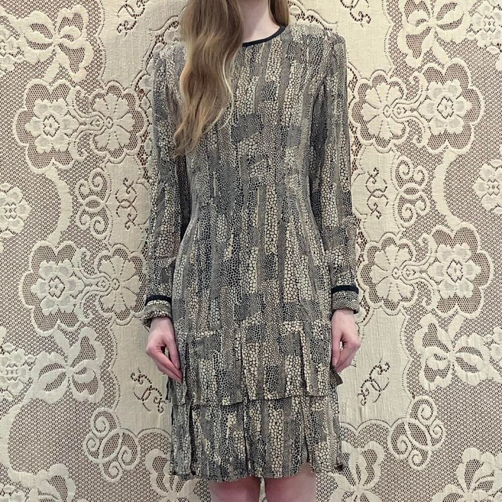 90s Vintage Bill Blass Silk Patchwork Snakeskin Print Long-Sleeve Fringe Dress